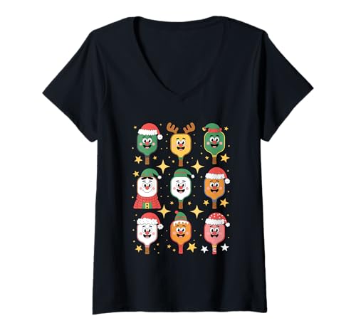 Damen Weihnachten Pickleball Schläger T-Shirt mit V-Ausschnitt von Pickleball Gift For Picklers