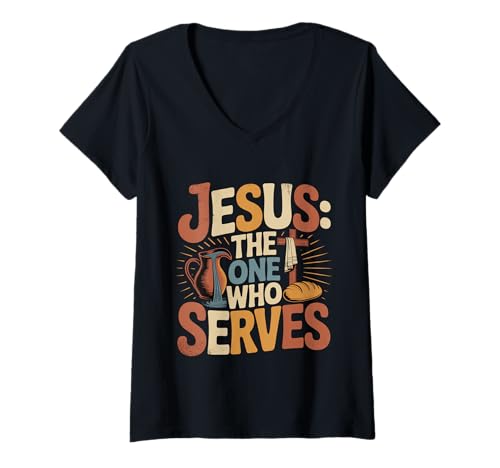 Damen Jesus The One Who Serves Religiöser Pickleball T-Shirt mit V-Ausschnitt Damen Jesus The One Who Serves Religiöser Pickleball T-Shirt mit V-Ausschnitt von Pickleball -Glaube Humor