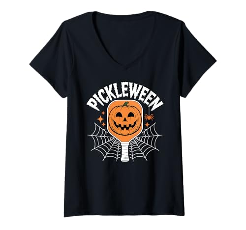 Damen Pickleween Pickleball Paddel Lustiger Halloween Spinne Kürbis T-Shirt mit V-Ausschnitt von Pickleball Halloween Gift Pickleball Hobby Pumpkin