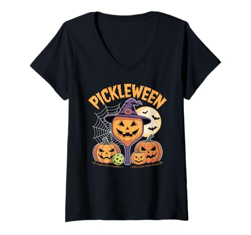 Damen Pickleween Pickleball Player Gruseliger Halloween-Kürbis T-Shirt mit V-Ausschnitt von Pickleball Halloween Gift Pickleball Hobby Pumpkin