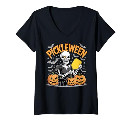 Damen Pickleween Pickleball Player Lustiges Skelett Halloween T-Shirt mit V-Ausschnitt von Pickleball Halloween Gift Pickleball Hobby Pumpkin