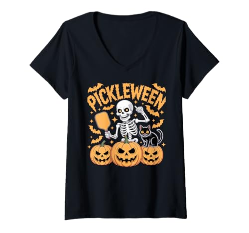 Damen Pickleween Skelett Katze Kürbis Lustiger Halloween Pickleball T-Shirt mit V-Ausschnitt von Pickleball Halloween Gift Pickleball Hobby Pumpkin