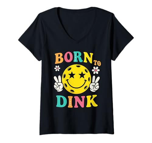 Damen Lustiger Pickleball-Retro-Spieler von Born to Dink T-Shirt mit V-Ausschnitt von Pickleball Life Paddle Athletes Apparel