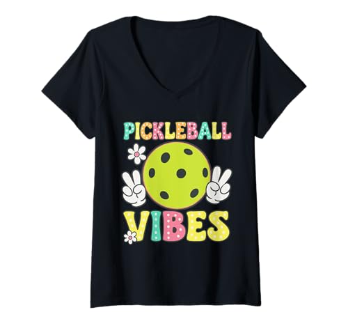 Damen Lustiges Pickleball Vibes Flower Retro Cool Dinking Paddel T-Shirt mit V-Ausschnitt von Pickleball Life Paddle Athletes Apparel
