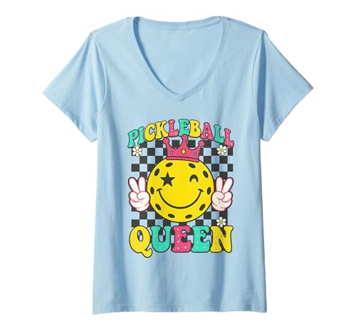 Damen Pickleball Queen Lustiger Retro-Paddelstern mit Lächeln T-Shirt mit V-Ausschnitt von Pickleball Life Paddle Athletes Apparel