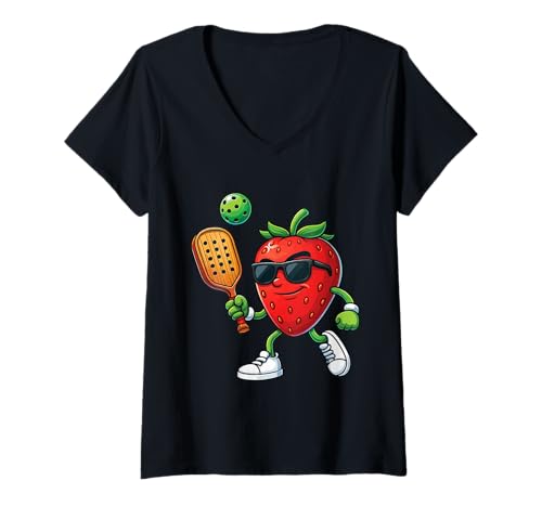 Damen Erdbeer-Pickleball T-Shirt mit V-Ausschnitt von Pickleball Paddle Playing Pickleball