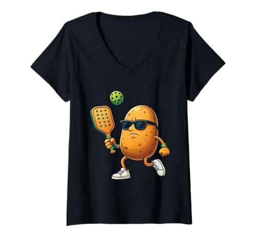 Damen Kartoffel-Pickleball T-Shirt mit V-Ausschnitt von Pickleball Paddle Playing Pickleball
