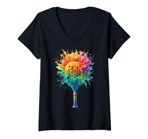 Damen Pickleball Splash Colors T-Shirt mit Paddelgrafik T-Shirt mit V-Ausschnitt Damen Pickleball Splash Colors T-Shirt mit Paddelgrafik T-Shirt mit V-Ausschnitt von Pickleball Paddle Splash Art
