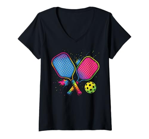 Damen Pickleball Bunt T-Shirt mit V-Ausschnitt von Pickleball spieler Schläger