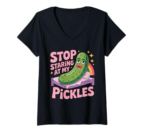Damen Pickle Dill Gurkenliebhaber hören auf, auf Meine Gurken zu Starren T-Shirt mit V-Ausschnitt von Pickling Vegetarian Pickled Lover