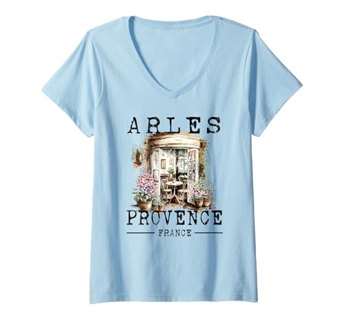 Damen Arles Provence Frankreich Vincent Van Gogh Französisches Café Camargue T-Shirt mit V-Ausschnitt von Picturesque Southern France Arles Souvenirs