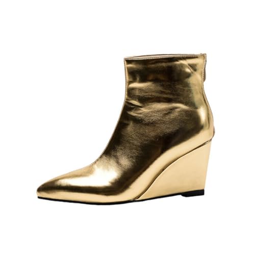 Picusiqa Damen Cowboystiefel Spitze Reißverschluss Keilabsatz Stiefeletten Elegante Chelsea Stiefel（Golden Size 6.5/38/5.5） von Picusiqa
