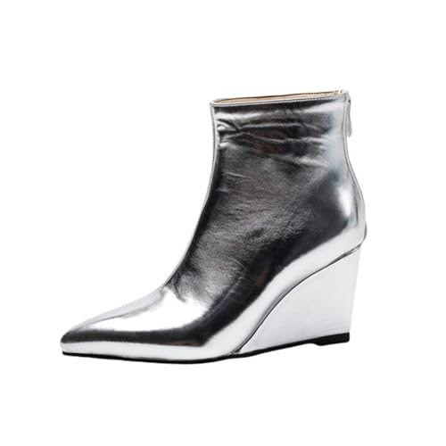 Picusiqa Damen Cowboystiefel Spitze Reißverschluss Keilabsatz Stiefeletten Elegante Chelsea Stiefel（Silbrig Size 7.5/40/6.5） von Picusiqa