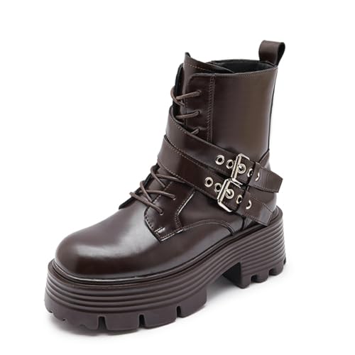 Picusiqa Damen Stiefeletten Reißverschluss Plateau Motorradstiefel Mode Schnürsenkel Springerstiefel（Braun Size 7/39/6） von Picusiqa
