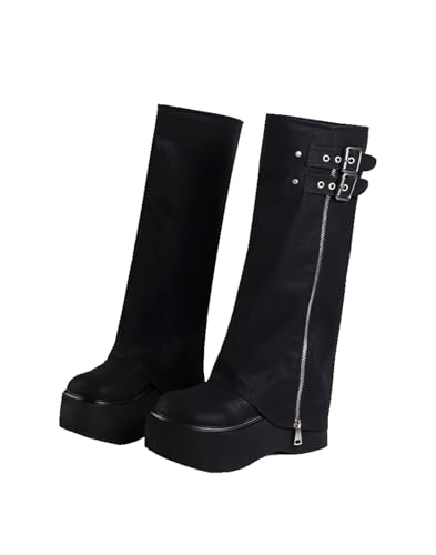 Picusiqa Stiefel Damen Kniehohe Plateaustiefel mit runder Zehe Hohe Cowboystiefel（Schwarz Size 6.5/38/5.5） von Picusiqa