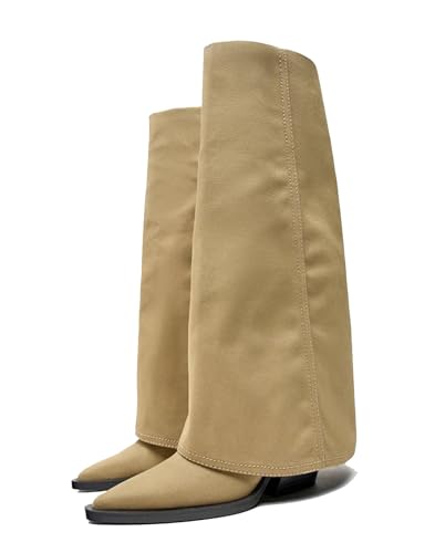 Picusiqa Stiefel Damen Kniehohe Spitze Zehe Klobig Stiefel Umklappen Mode Stiefel Cowboystiefel（Khaki Size 6.5/38/5.5） von Picusiqa