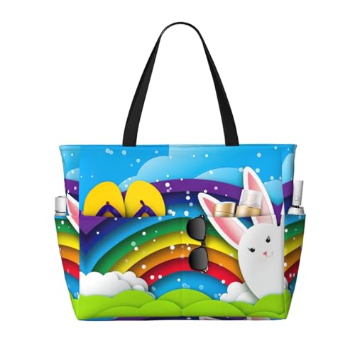 Pidgazdfgv Große Happy Easter Bunny Strandtasche Damen Herren wasserdichte Pooltasche Urlaub Reise Sporttasche Gym Sack Rucksack von Pidgazdfgv