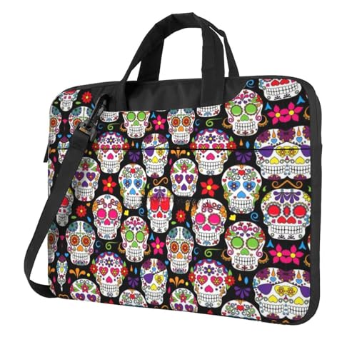Pidgazdfgv Laptoptasche mit bunten Blumen und Totenköpfen, Unisex, Schultertasche, Kuriertasche, Aktentasche, Schulsaison, Schwarz , 15.6 inch von Pidgazdfgv