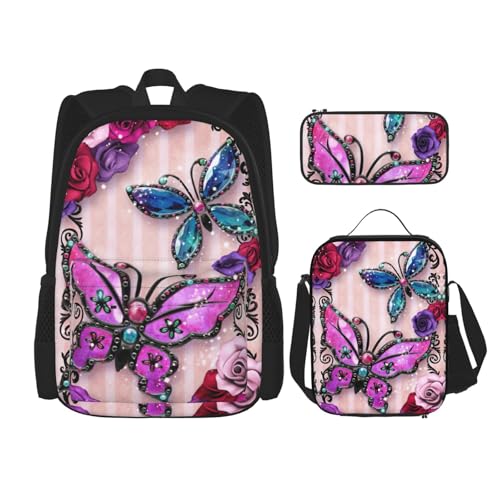 Pidgazdfgv Niedlicher Schmetterlings-Rucksack für Kinder, Jungen, Mädchen, Lunchbox, Schul-Büchertaschen-Set, Sekundarschüler, Studenten, Geschenk von Pidgazdfgv