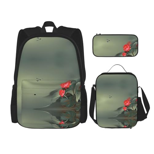 Pidgazdfgv Rucksack mit Lotusblume und Libelle, für Kinder, Jungen, Mädchen, Lunchbox, Schulbüchertasche, Schultasche, Schultasche, Geschenk für Schüler und Studenten von Pidgazdfgv