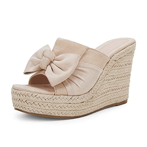PiePieBuy Damen Plateau Espadrilles Slip On Keilabsatz Sandalen Fliege Offene Zehen Slides Schuhe, beige, 43 EU von PiePieBuy