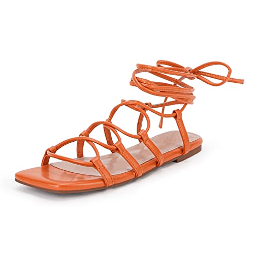 PiePieBuy Damen-Sandalen zum Schnüren mit quadratischen Zehen, flache Sandalen mit Knöchelriemen, überkreuzte Gladiator-Schuhe, A-Orange, 41 EU von PiePieBuy