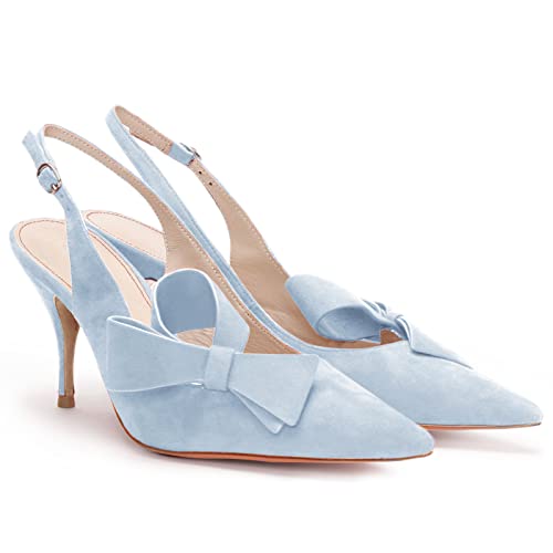 PiePieBuy Damen Spitze Zehe Slingback Pumps Mid Heel Schleife Stilettos Sandalen Faux Wildleder Hochzeit Party Kleid Schuhe, Blau, 38.5 EU von PiePieBuy