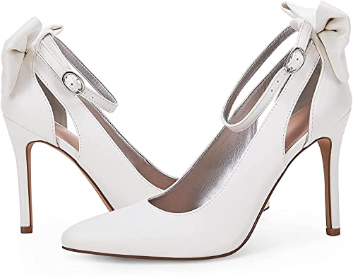 PiePieBuy D'Orsay Pumps für Damen, spitzer Zehenbereich, Knöchelriemen, Schleife, Hochzeit, Schleife, Rücken, Kleid, Sandalen, cool white, 38 EU von PiePieBuy