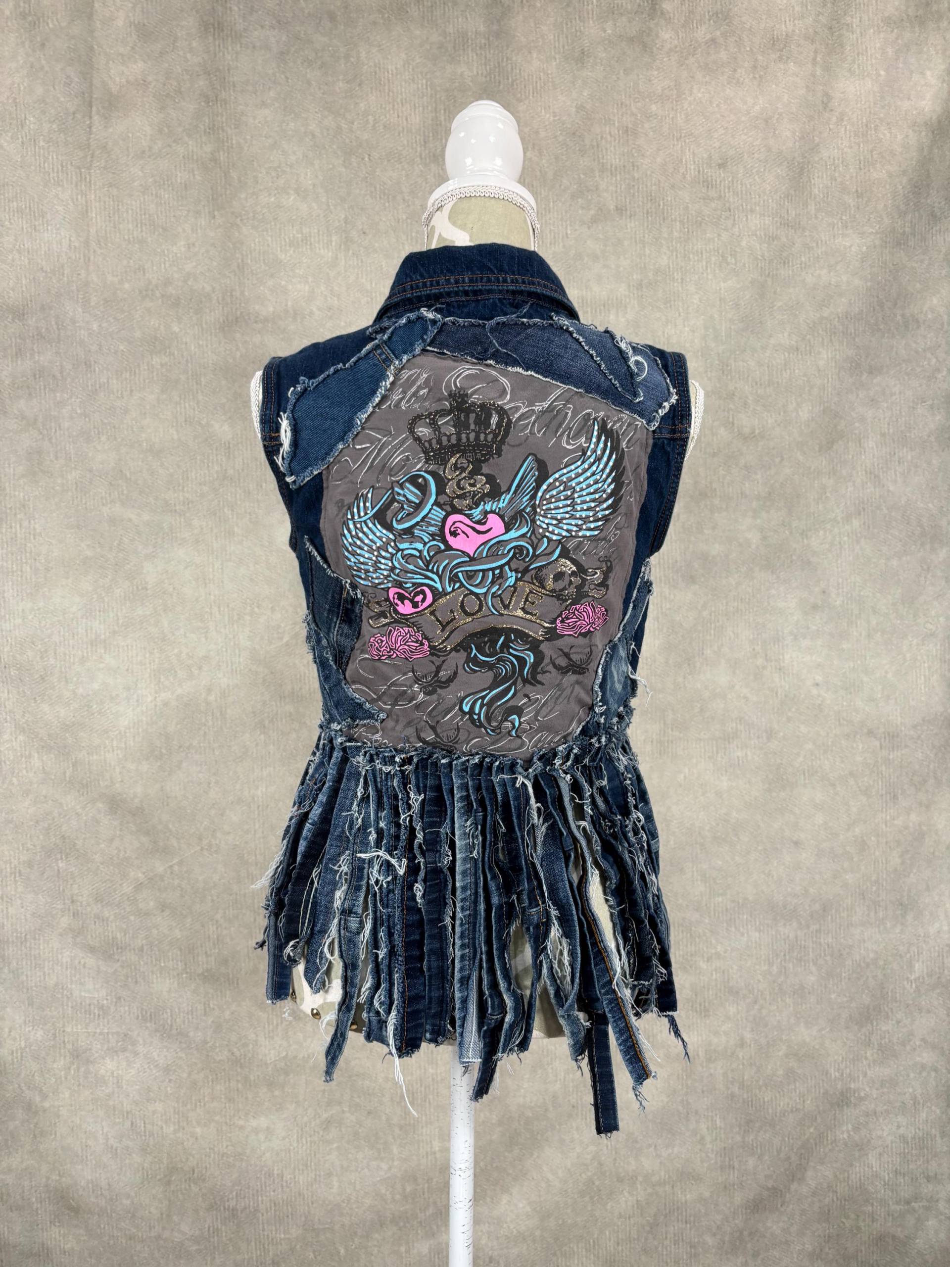 Upcycled Denim Fransensaum Weste - Größe Medium von PieceByPeaceCanadian