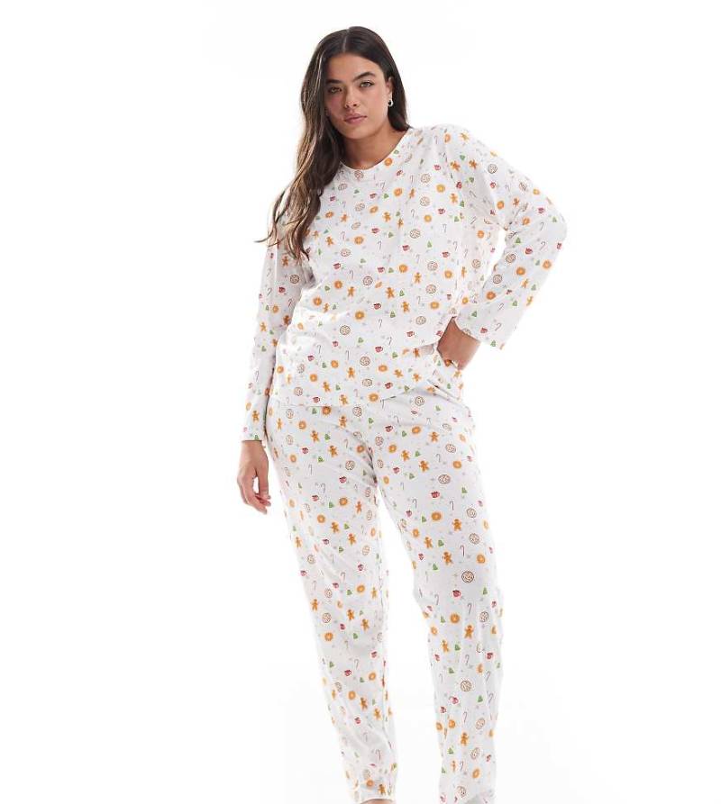 Pieces Curve - Christmas - Langärmliger Pyjama in Weiß mit Lebkuchen-Print von Pieces Plus