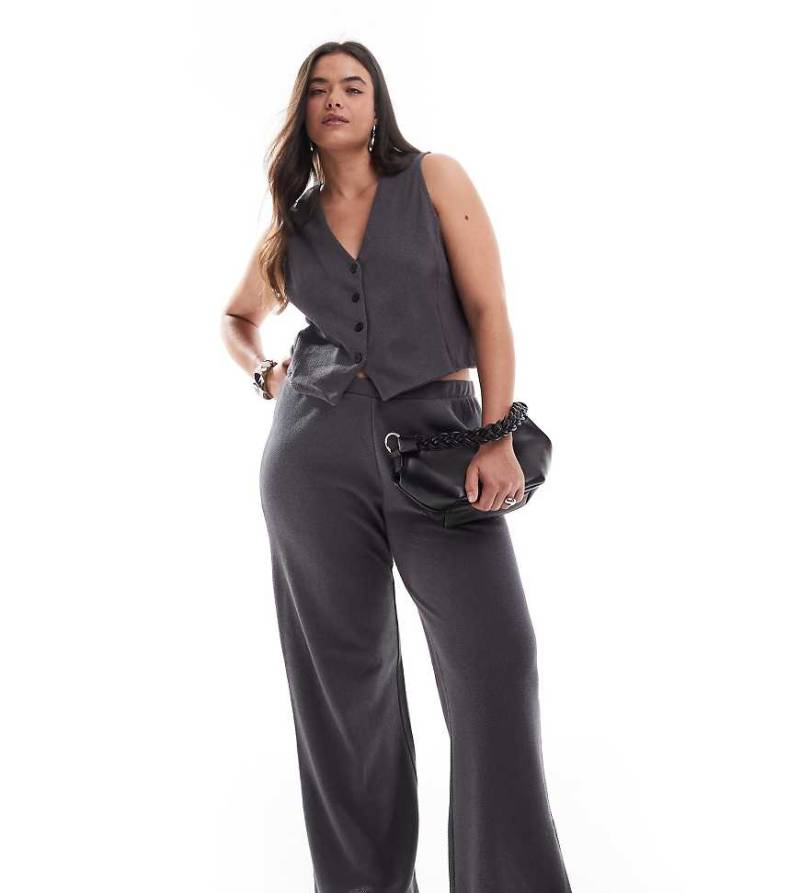 Pieces Curve - Hose aus strukturiertem Jersey in Magnetgrau mit hoher Taille, Kombiteil von Pieces Plus