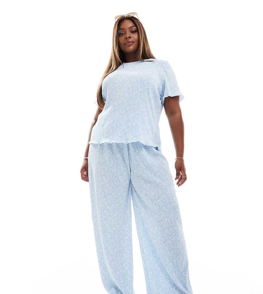 Pieces Curve - Hose in Blau mit weitem Bein, engen Plissee-Falten und Blümchenmuster, Kombiteil von Pieces Plus