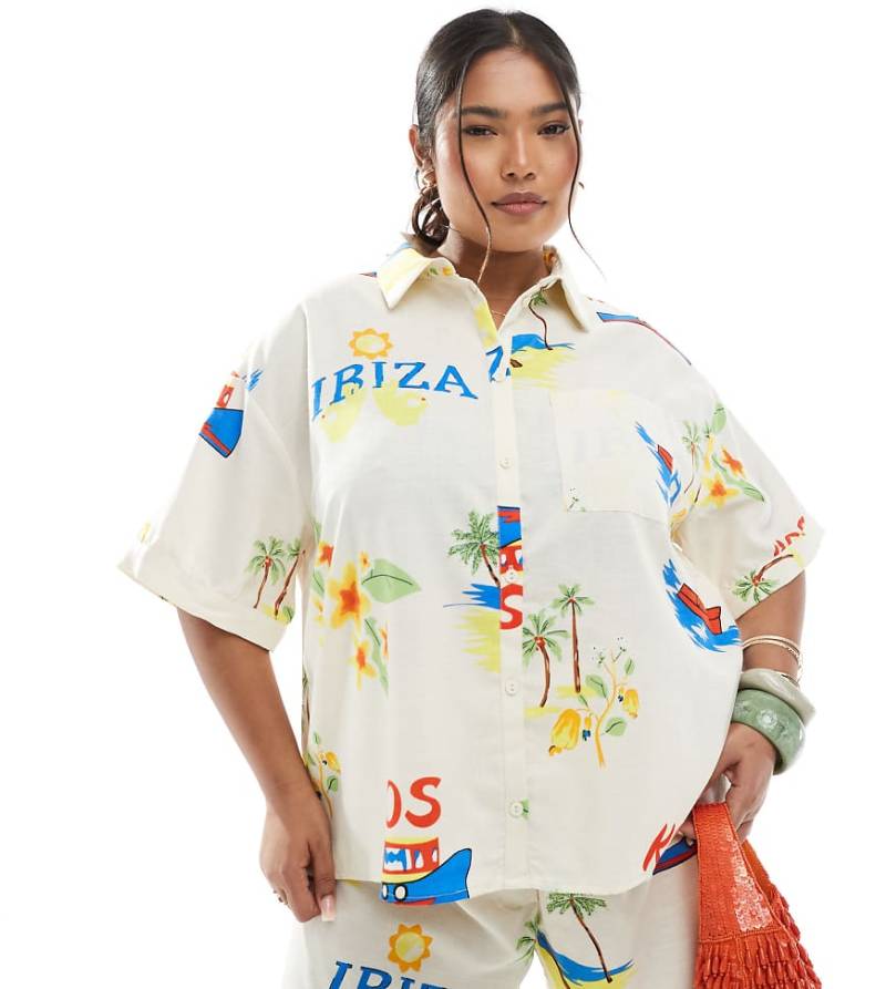 Pieces Curve - Kastige Hemdbluse in Cremeweiß mit interessantem Muster, Kombiteil-Gelb von Pieces Plus