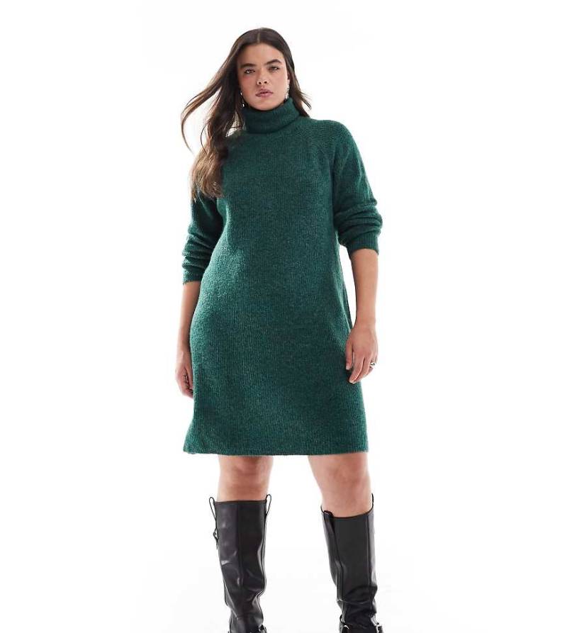 Pieces Curve - Kurzes Pulloverkleid in Dunkelgrün mit Rollkragen von Pieces Plus