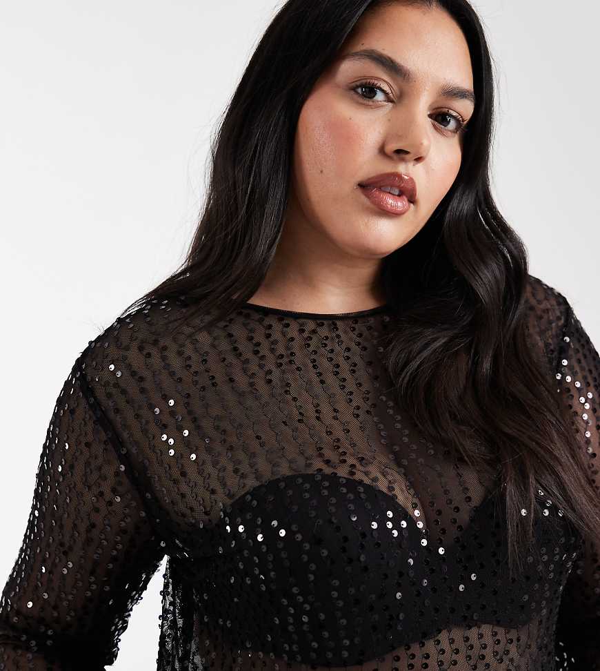 Pieces Curve - Langärmliges Pailletten-Oberteil in Schwarz von Pieces Plus