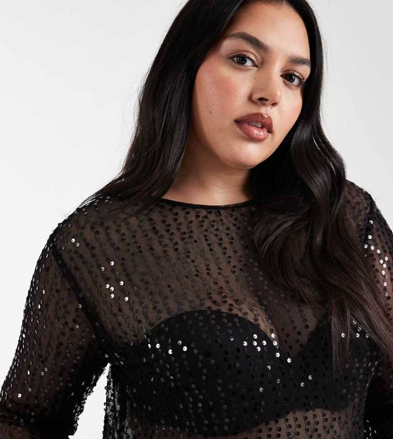 Pieces Curve - Langärmliges Pailletten-Oberteil in Schwarz von Pieces Plus