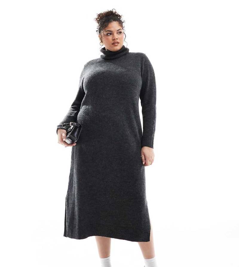 Pieces Curve - Maxi-Pulloverkleid in dunkelgrau meliert mit Rollkragen von Pieces Plus