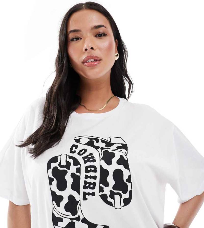 Pieces Curve - Oversize-T-Shirt in Weiß mit Cowgirl-Print von Pieces Plus