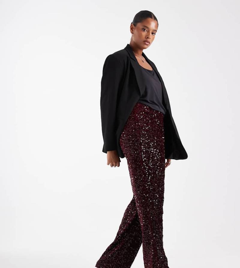 Pieces Curve - Pailletten-Hose aus Velours in Burgunderrot mit weitem Bein von Pieces Plus