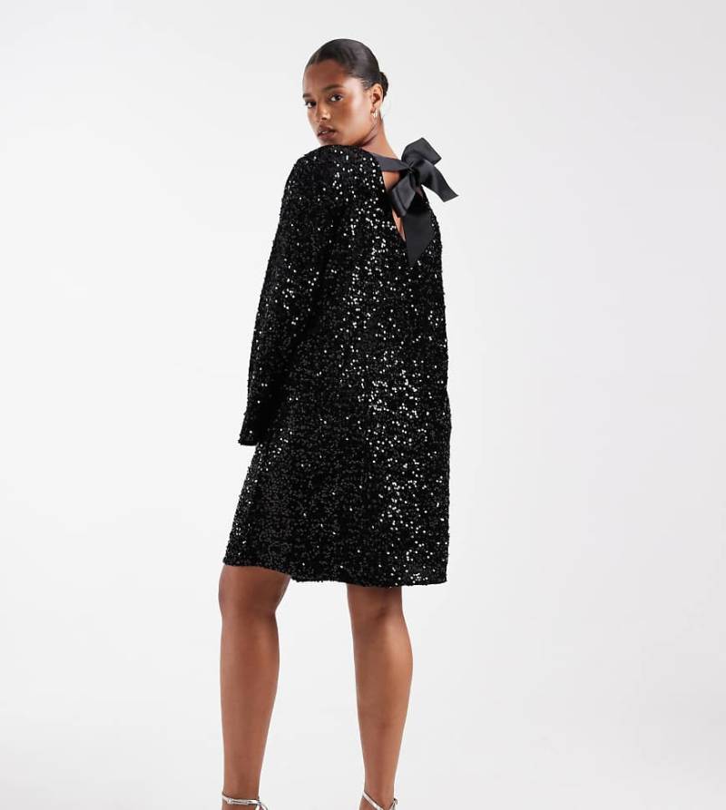 Pieces Curve - Pailletten-Minikleid in Schwarz mit Bandschleife am Rücken von Pieces Plus