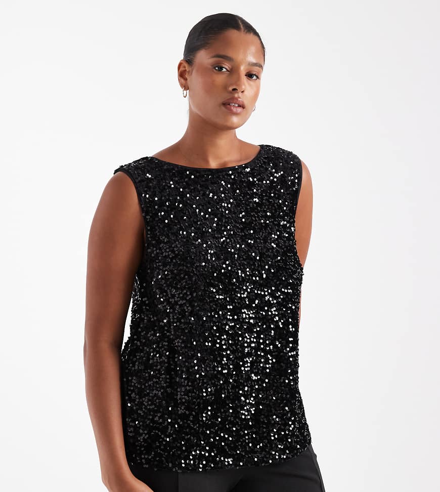 Pieces Curve - Pailletten-Oberteil in Schwarz mit U-Boot-Ausschnitt von Pieces Plus