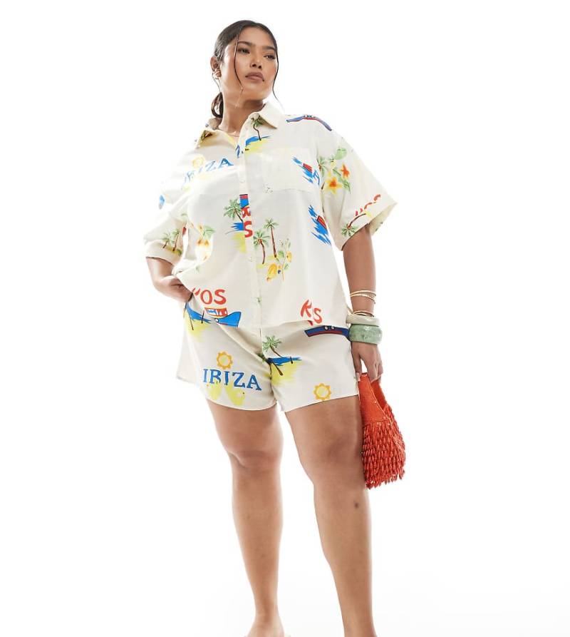 Pieces Curve - Shorts in Cremeweiß mit hohem Bund und interessantem Muster, Kombiteil-Gelb von Pieces Plus