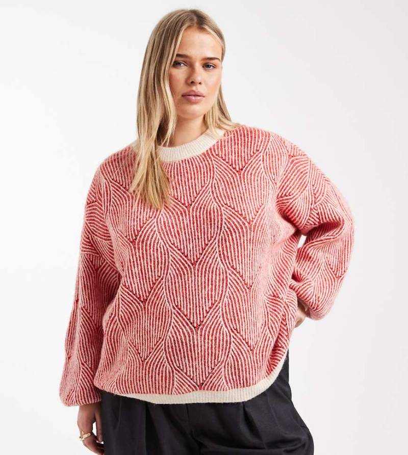 Pieces Curve - Strickpullover in kontrastierendem Rot und Creme mit Struktur von Pieces Plus