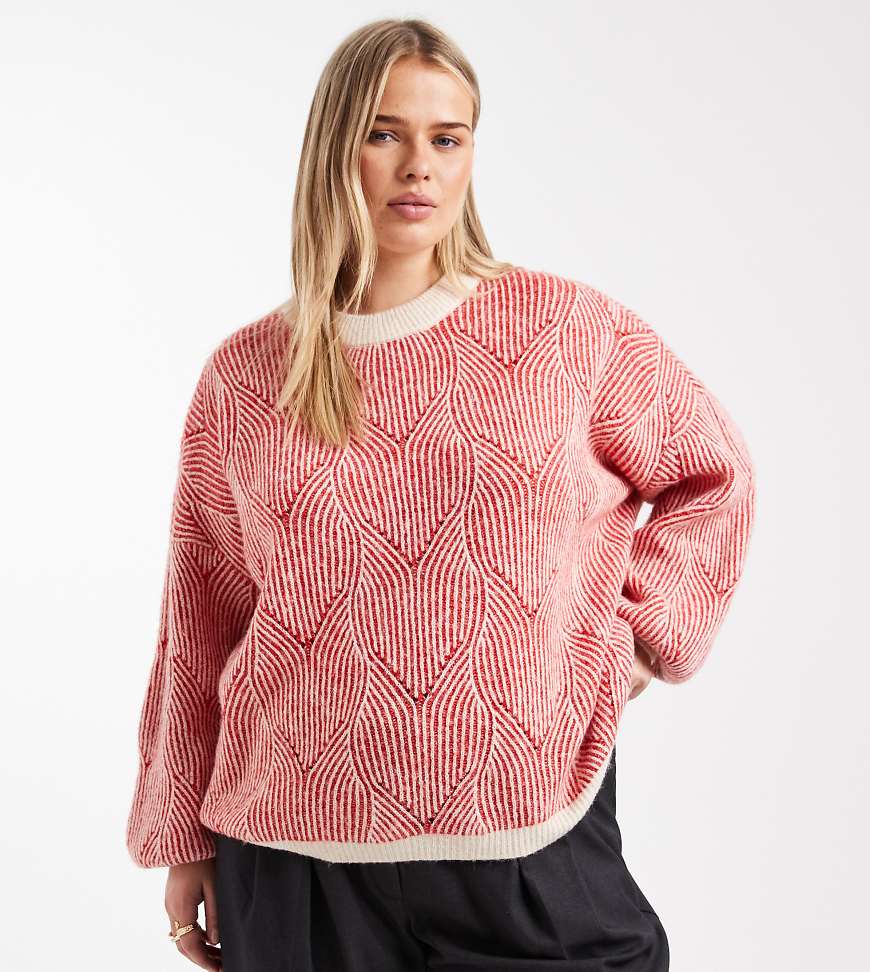 Pieces Curve - Strickpullover in kontrastierendem Rot und Creme mit Struktur von Pieces Plus