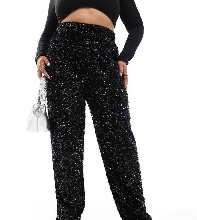 Pieces Curve - Velours-Hose in Schwarz mit weitem Bein und Paillettenbesatz von Pieces Plus