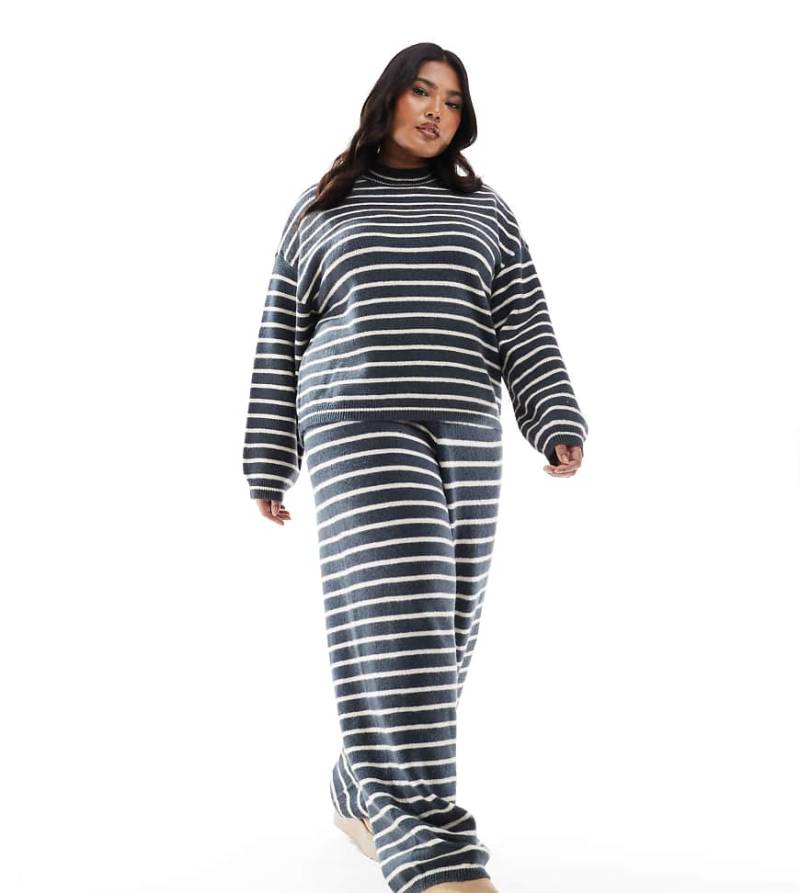 Pieces Curve - Weit geschnittene Strickhose in Grau und Blau gestreift, Kombiteil-Bunt von Pieces Plus