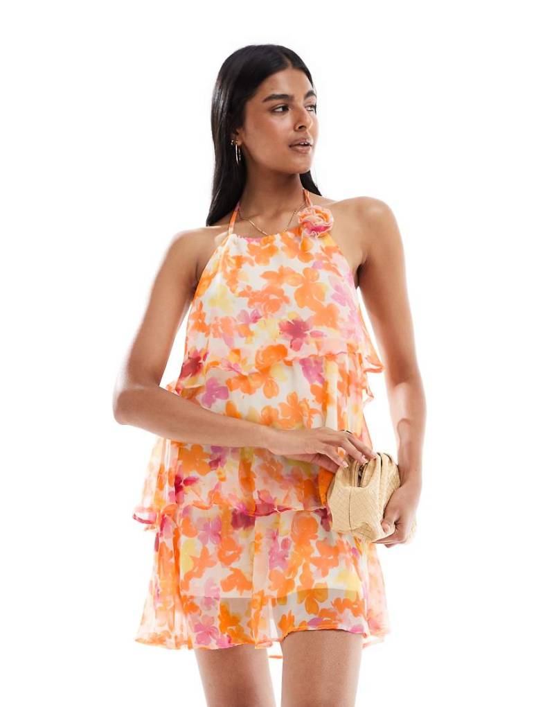 PIECES - Gestuftes Minikleid in Orange mit Blumenmuster und Rüschen-Bunt von Pieces