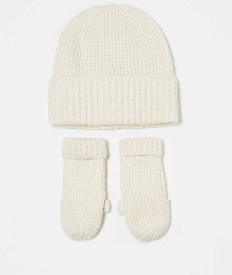 Pieces - 2er-Pack Geschenk-Set aus Strickmütze und Fäustlingen in strukturiertem Cremeweiß von Pieces