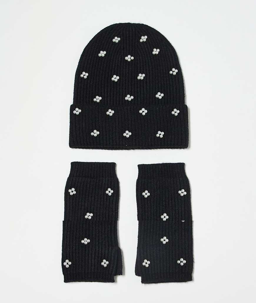 Pieces - 2er-Pack Geschenksets mit aus Mütze und Armstulpen, eins in Schwarz, das andere in Schwarz mit Zierperlen von Pieces