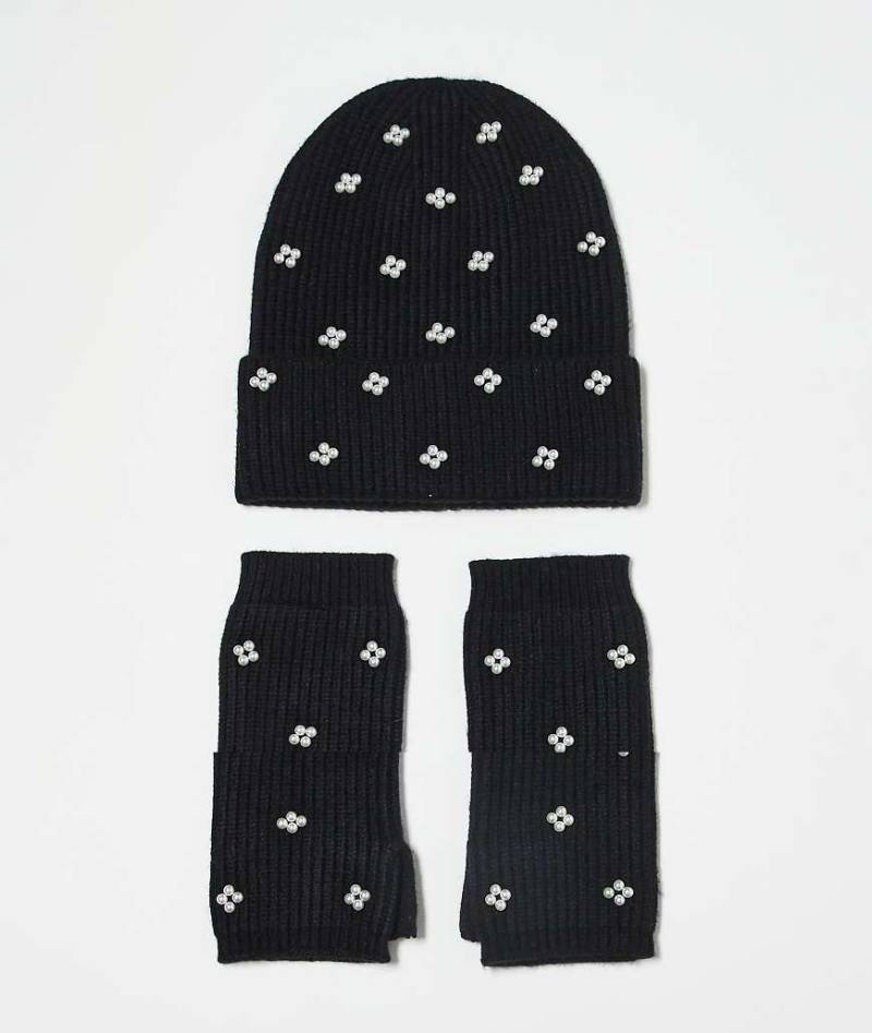 Pieces - 2er-Pack Geschenksets mit aus Mütze und Armstulpen, eins in Schwarz, das andere in Schwarz mit Zierperlen von Pieces